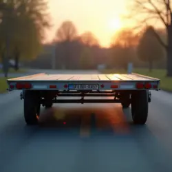 Rear view of a flatbed trailer with tail lights and reflectors