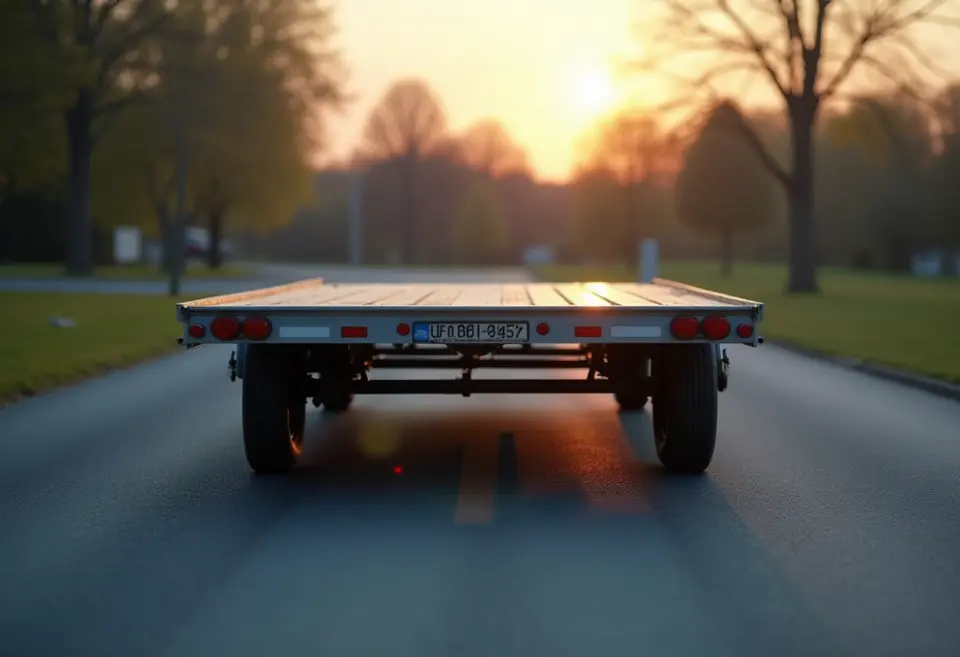 Rear view of a flatbed trailer with tail lights and reflectors