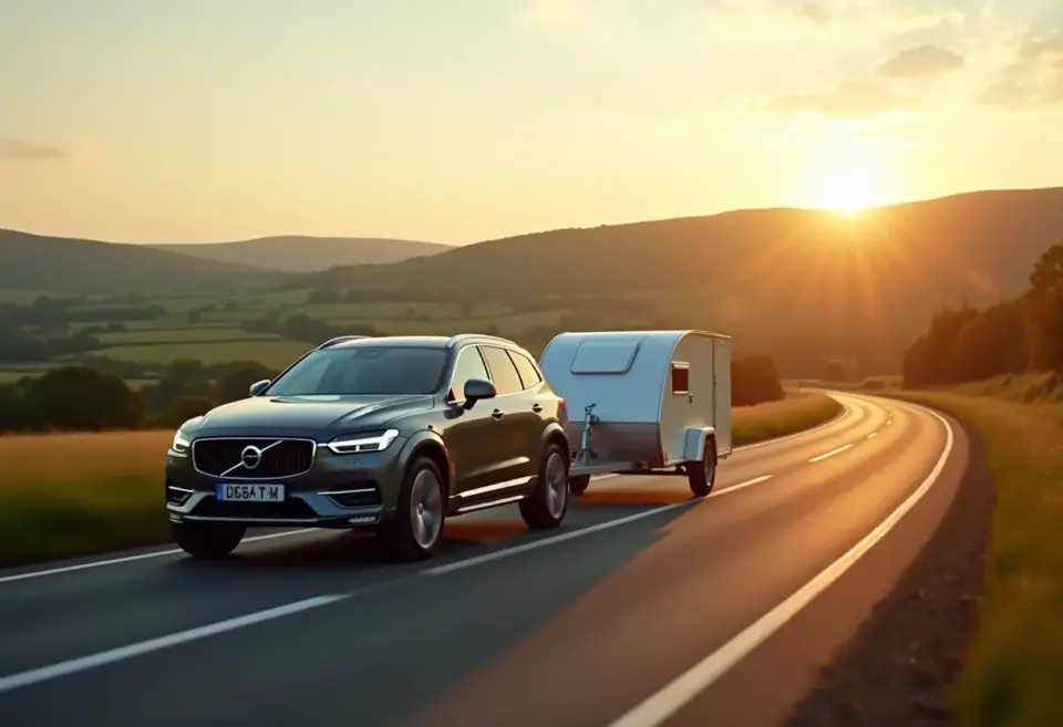 Car towing a small trailer through the British countryside